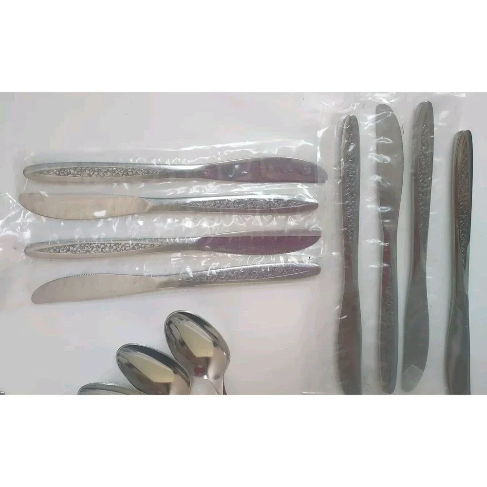 New Superior Stainless USA Radiant Rose 50 Peice Service For 8 + Serving Spoons